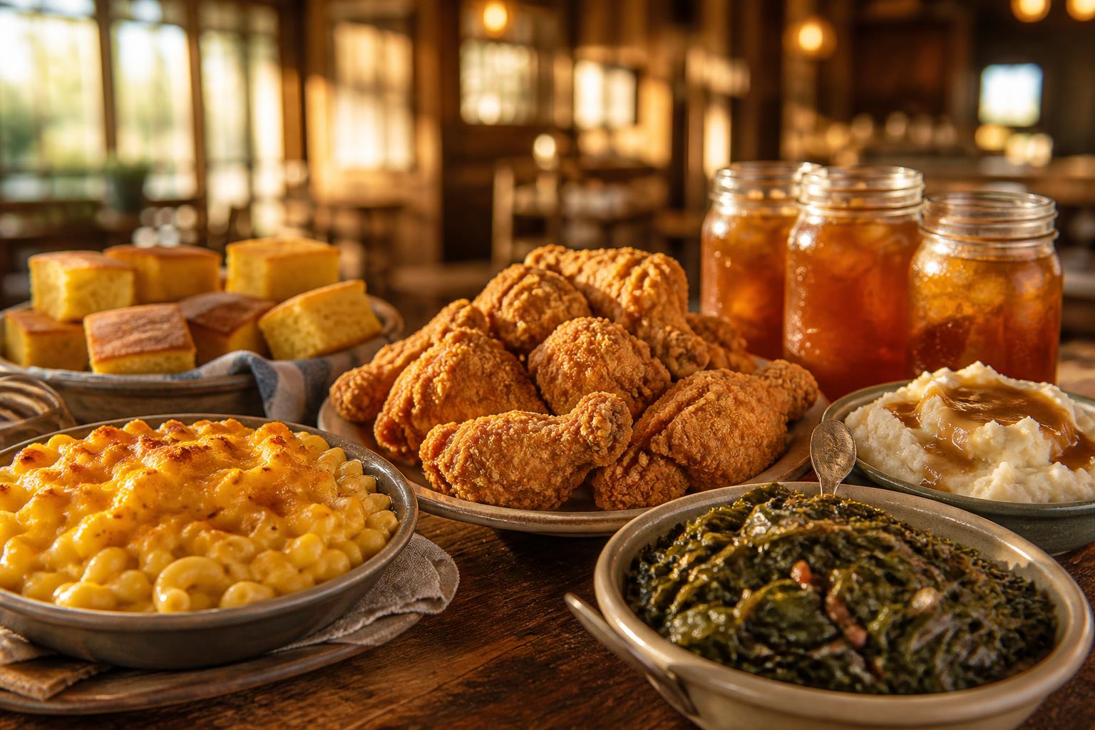 Southern homestyle buffet spread with fried chicken, sides, and sweet tea on a wooden table